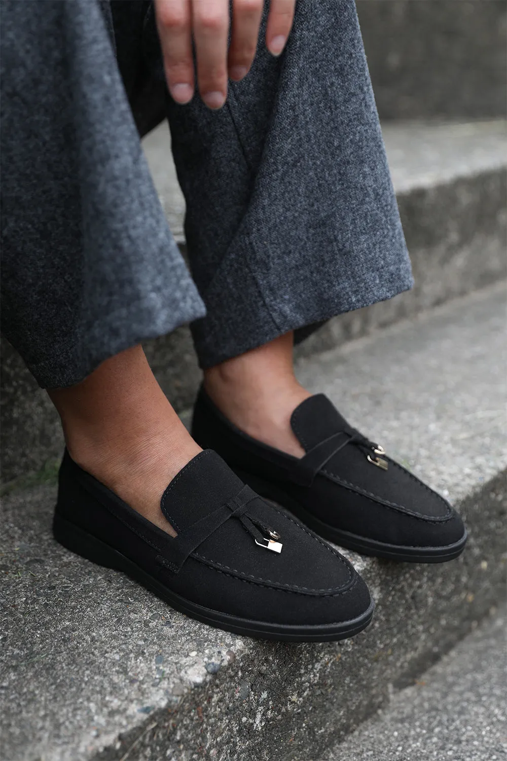 PEGASUS WIDE FIT SLIP ON TRIM LOAFERS WITH ACCESSORY DETAILING IN BLACK SUEDE