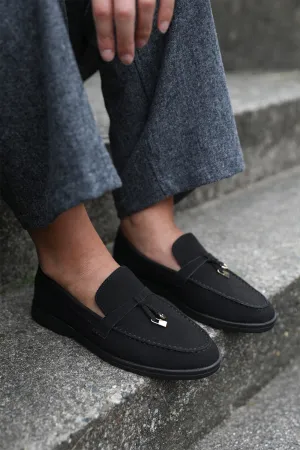 PEGASUS WIDE FIT SLIP ON TRIM LOAFERS WITH ACCESSORY DETAILING IN BLACK SUEDE