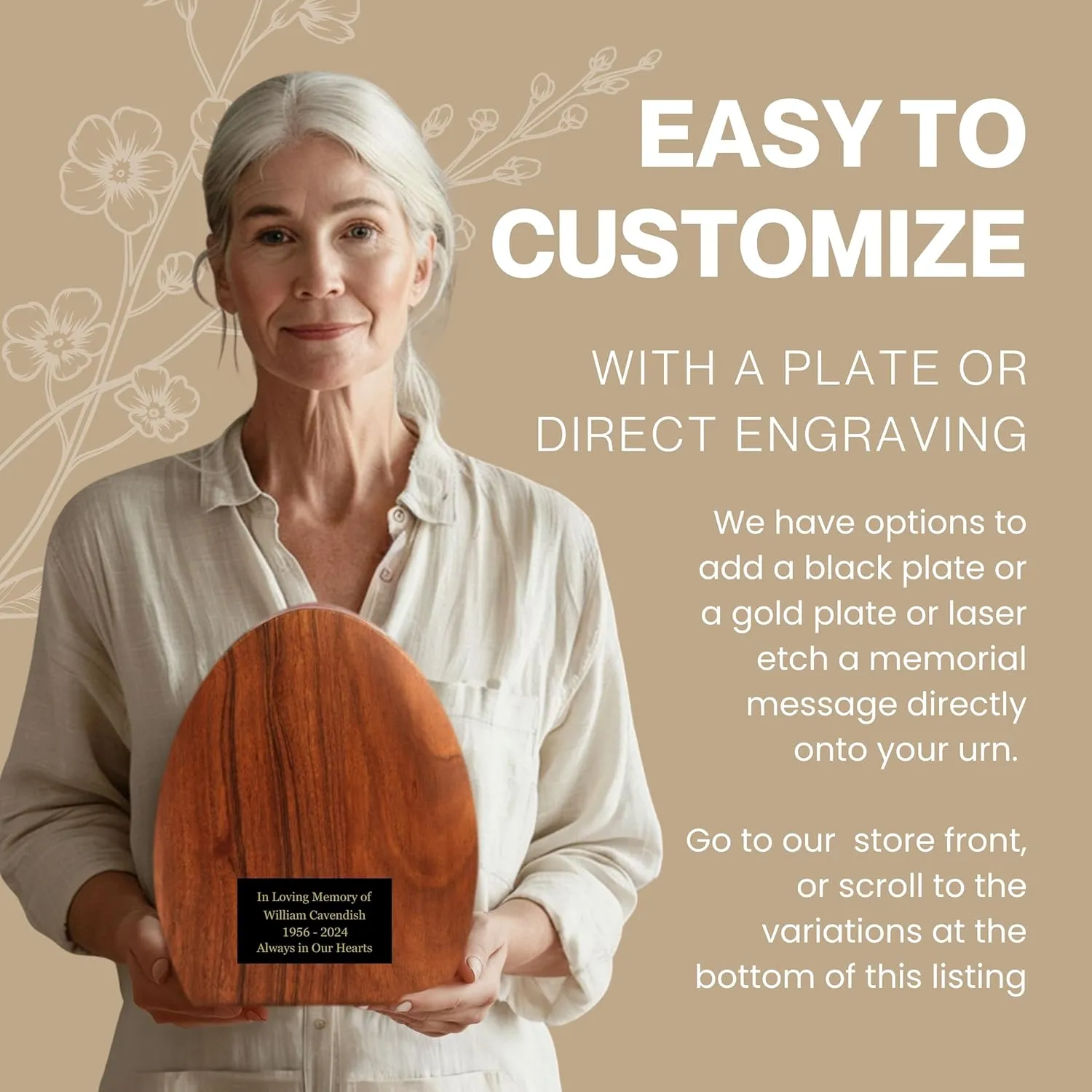 Personalized Wooden Urn - 250 cu in - Custom Memorial Urn for Ashes Adult Male - Engravable Wood Urn Box for Human Cremains