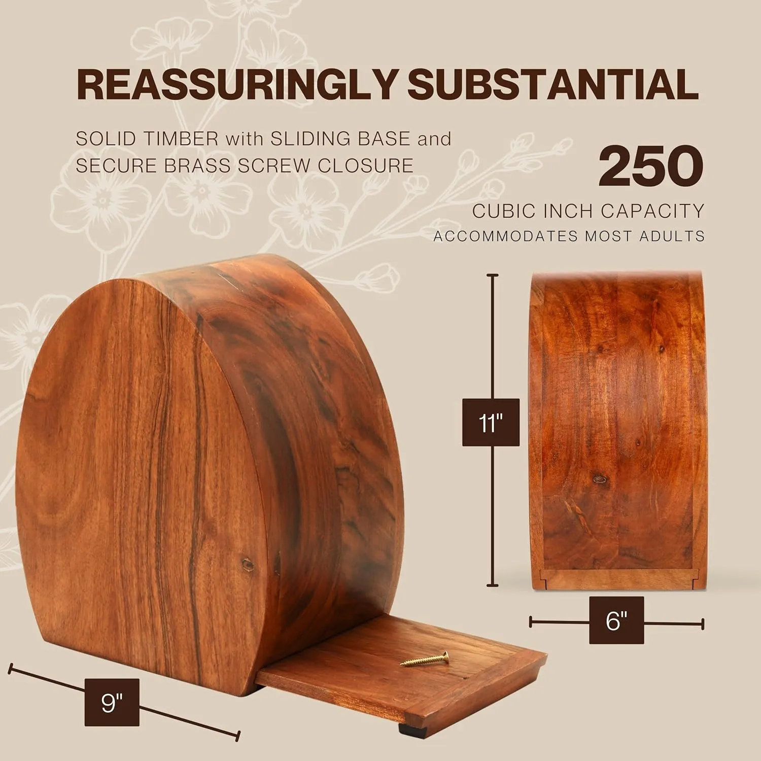 Personalized Wooden Urn - 250 cu in - Custom Memorial Urn for Ashes Adult Male - Engravable Wood Urn Box for Human Cremains