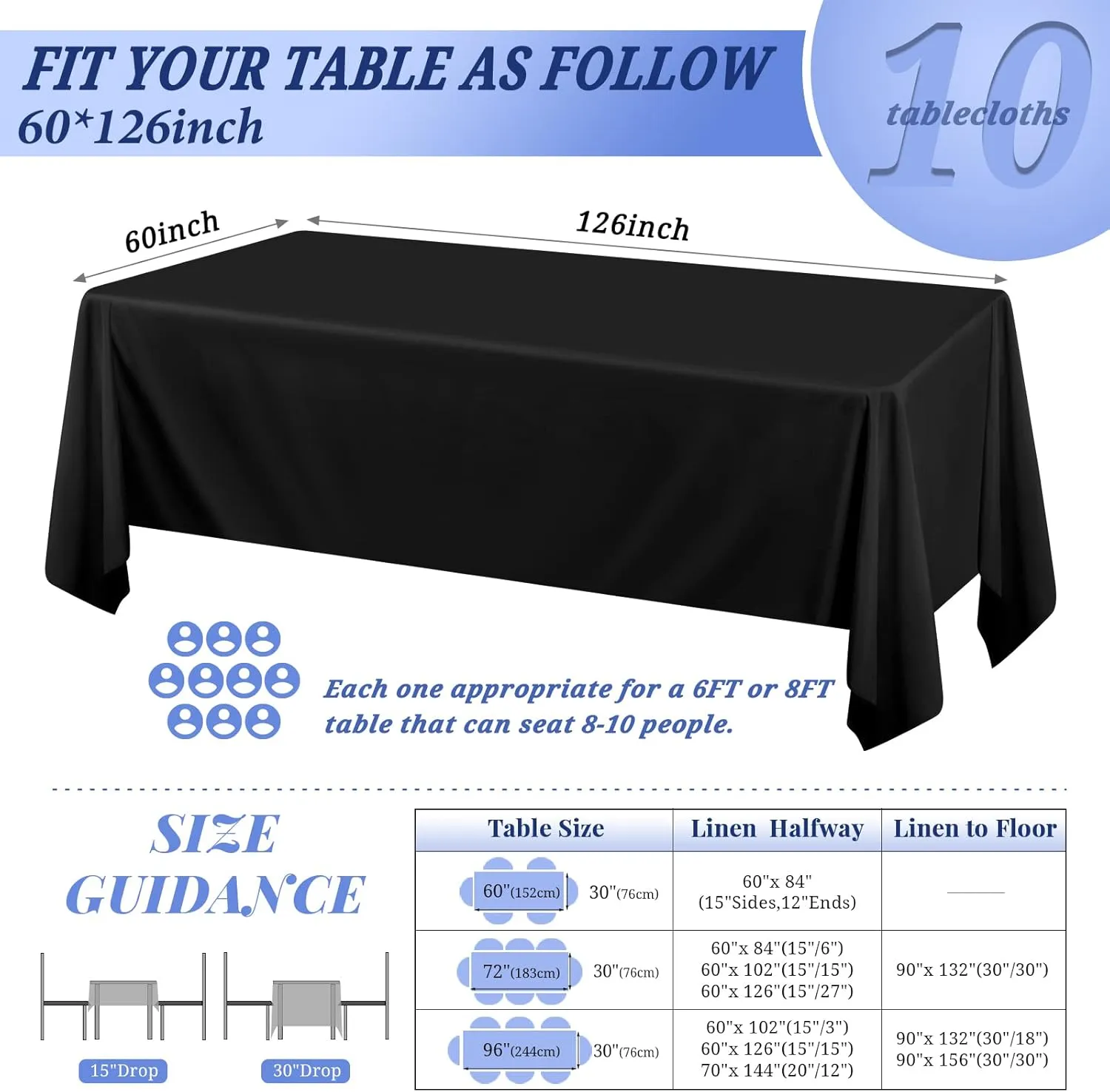 Pesonlook 10Pack Rectangle Tablecloth 60 x 126 inch, Black Polyester Table Cloth for 8 Foot Rectangle Tables, Washable Fabric Table Covers Polyester Table Clothes for Wedding Reception Banquet Party