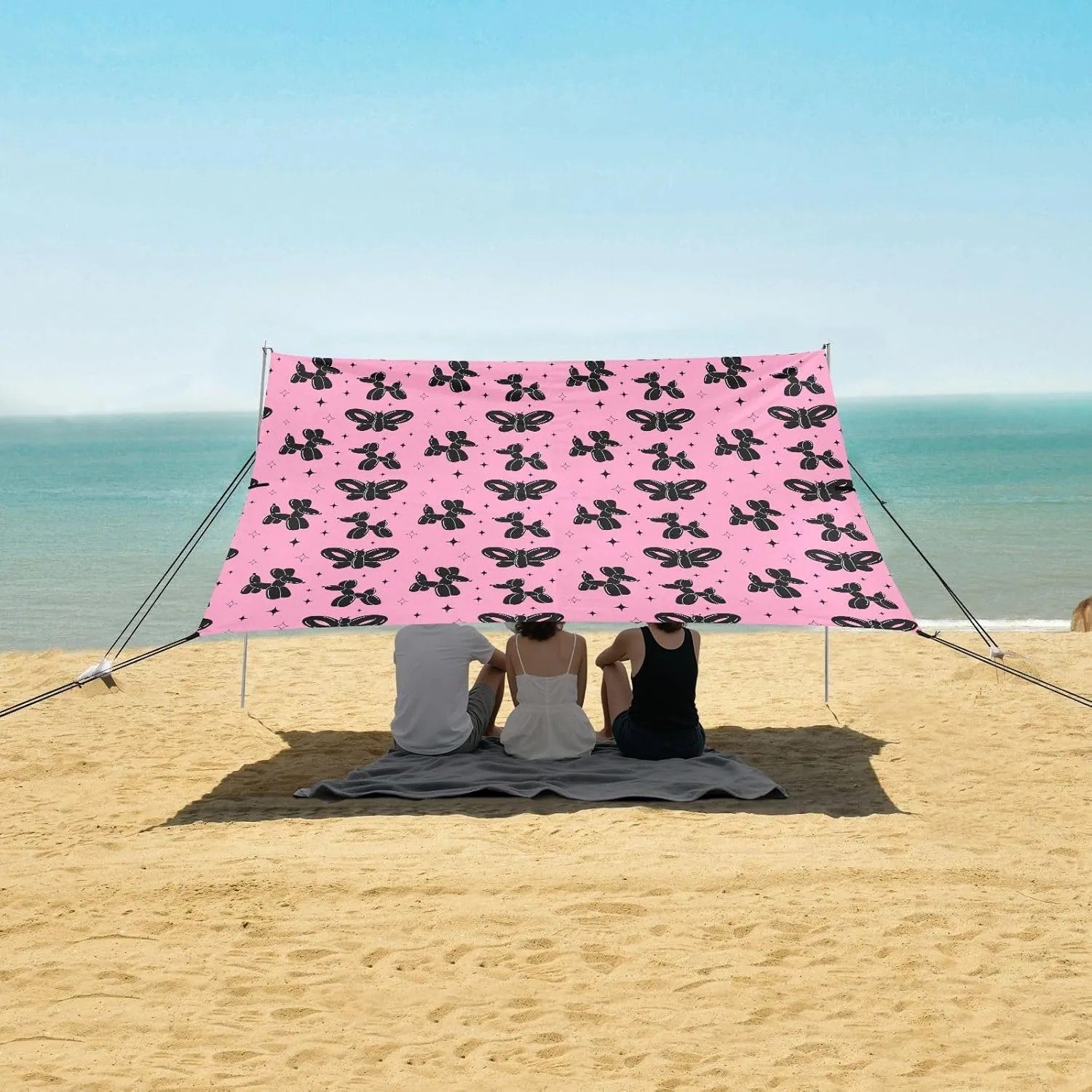 Pink Balloon Animals Pattern Beach Canopy Tent Anti-UV & Wind Resistant, Camping Sun Shelter Easy Setup Portable,Outdoor Shade Tents with Sandbags,Sand Shovels,Ground Pegs & Stability Poles