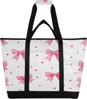 Pink Bows Reusable Insulated Cooler Bag with Ice Pack Compartment - Large 47L Waterproof Thermal Grocery Tote for Picnic Beach Camping Lunch Storage