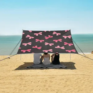 Pink Bows Ribbons Beach Canopy Tent Anti-UV & Wind Resistant, Camping Sun Shelter Easy Setup Portable,Outdoor Shade Tents with Sandbags,Sand Shovels,Ground Pegs & Stability Poles