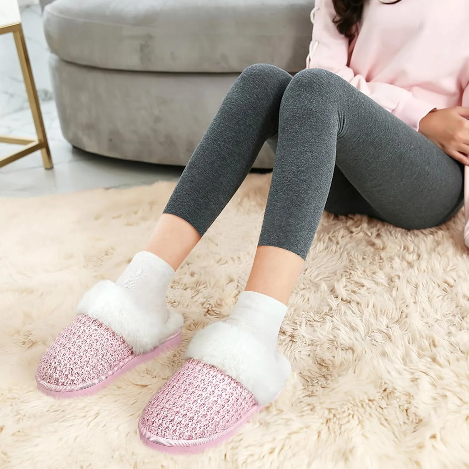 PIZZ ANNU Women's Platform Knit Slippers Comfy Winter Warm Fluffy Memory Foam Slip-On Scuff Faux Fur Plush House Slides Shoes for Indoor & Outdoor