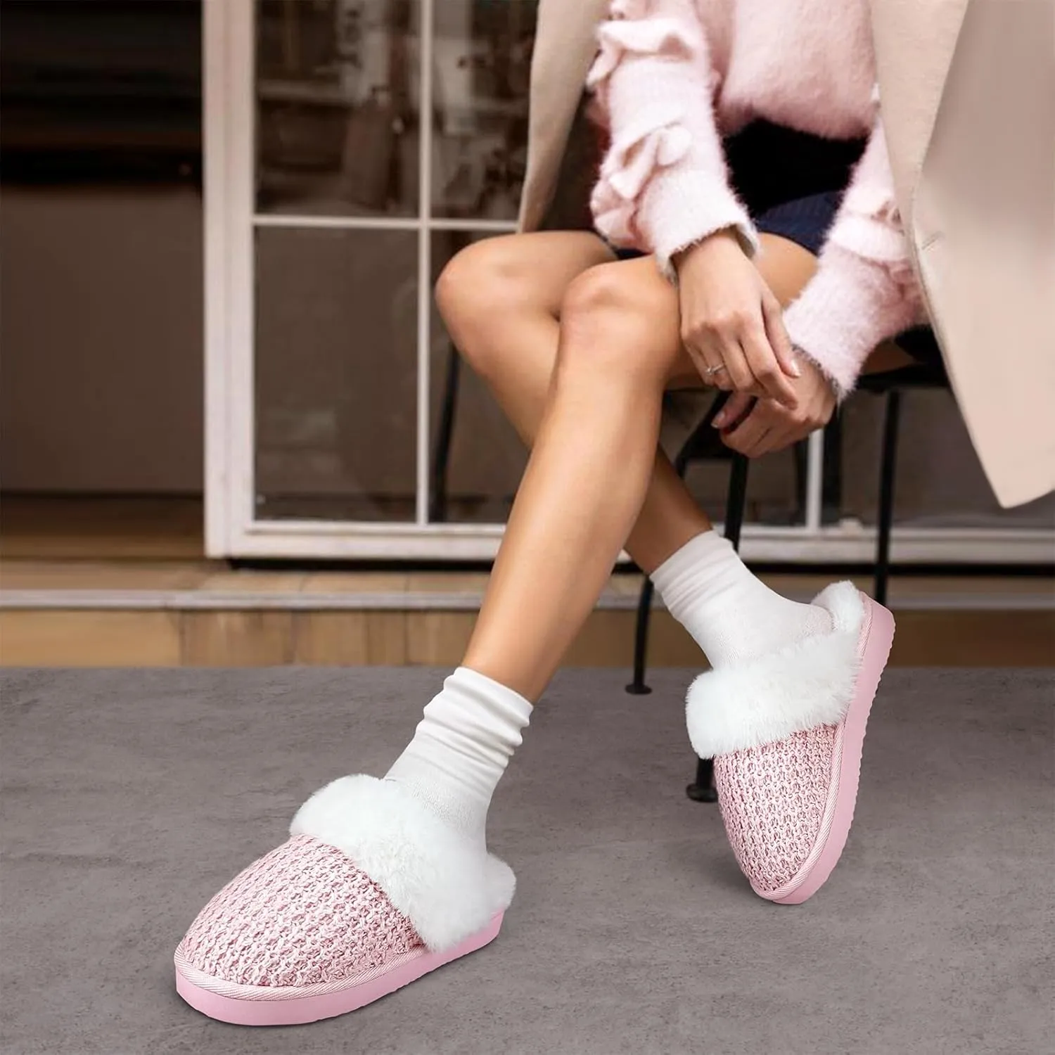 PIZZ ANNU Women's Platform Knit Slippers Comfy Winter Warm Fluffy Memory Foam Slip-On Scuff Faux Fur Plush House Slides Shoes for Indoor & Outdoor