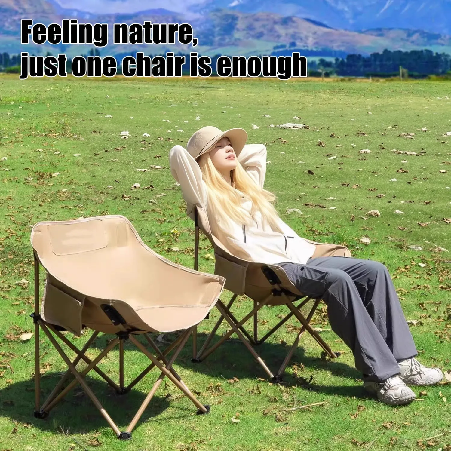 Portable Camping Chair, Ultra Lightweight Folding Picnic Chair, Suitable for Travel, Picnicking, Hiking, Fishing (Beige,Twin)