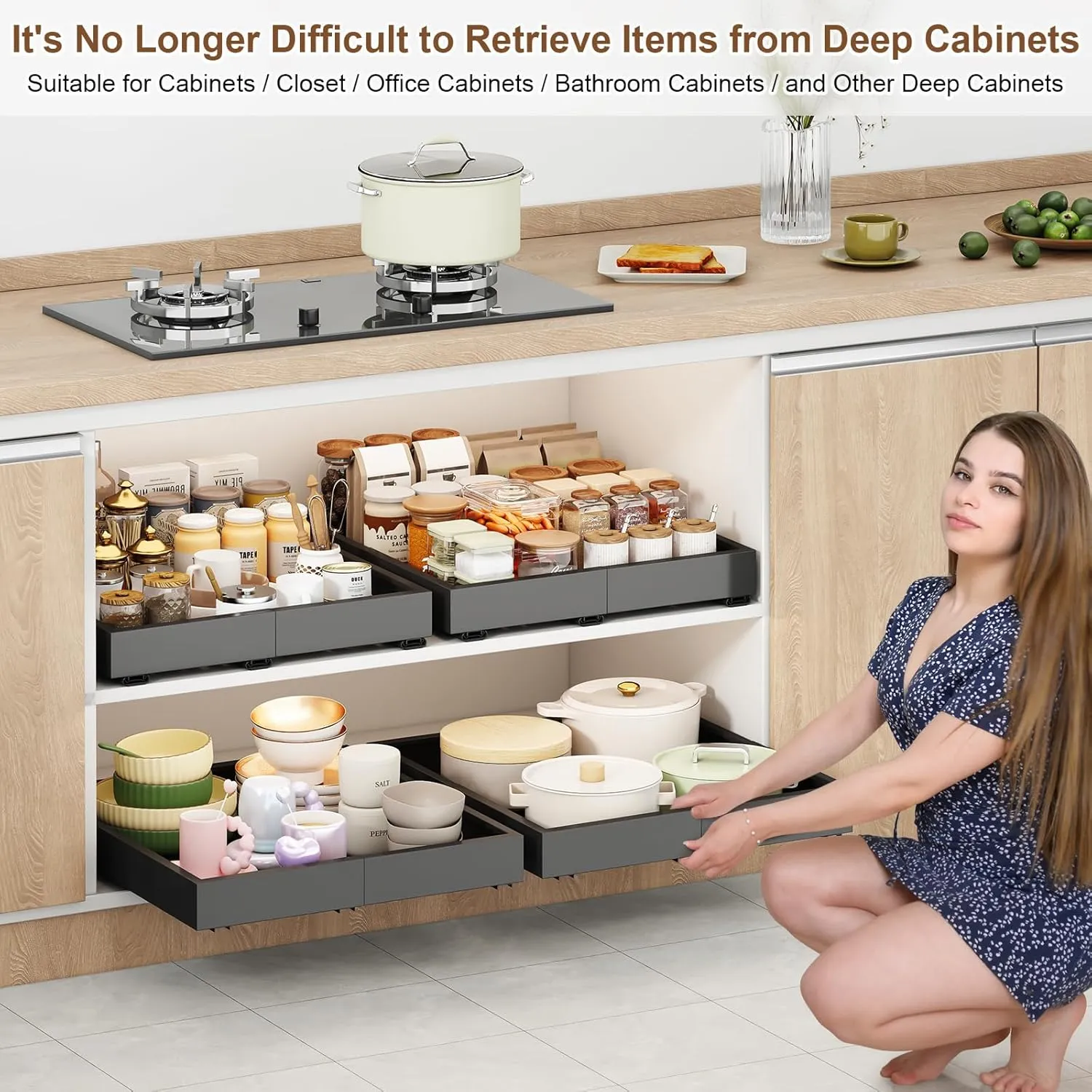 Pull out Cabinet Organizer,Width (14"-21") and Depth (17"-24") Expandable With 3 Rails,No Drill Adjustable Slide out Drawers for Kitchen,Pantry,Adhesive Roll out Shelves,for Cabinets Without Lip,Black