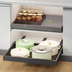 Pull out Cabinet Organizer,Width (14"-21") and Depth (17"-24") Expandable With 3 Rails,No Drill Adjustable Slide out Drawers for Kitchen,Pantry,Adhesive Roll out Shelves,for Cabinets Without Lip,Black