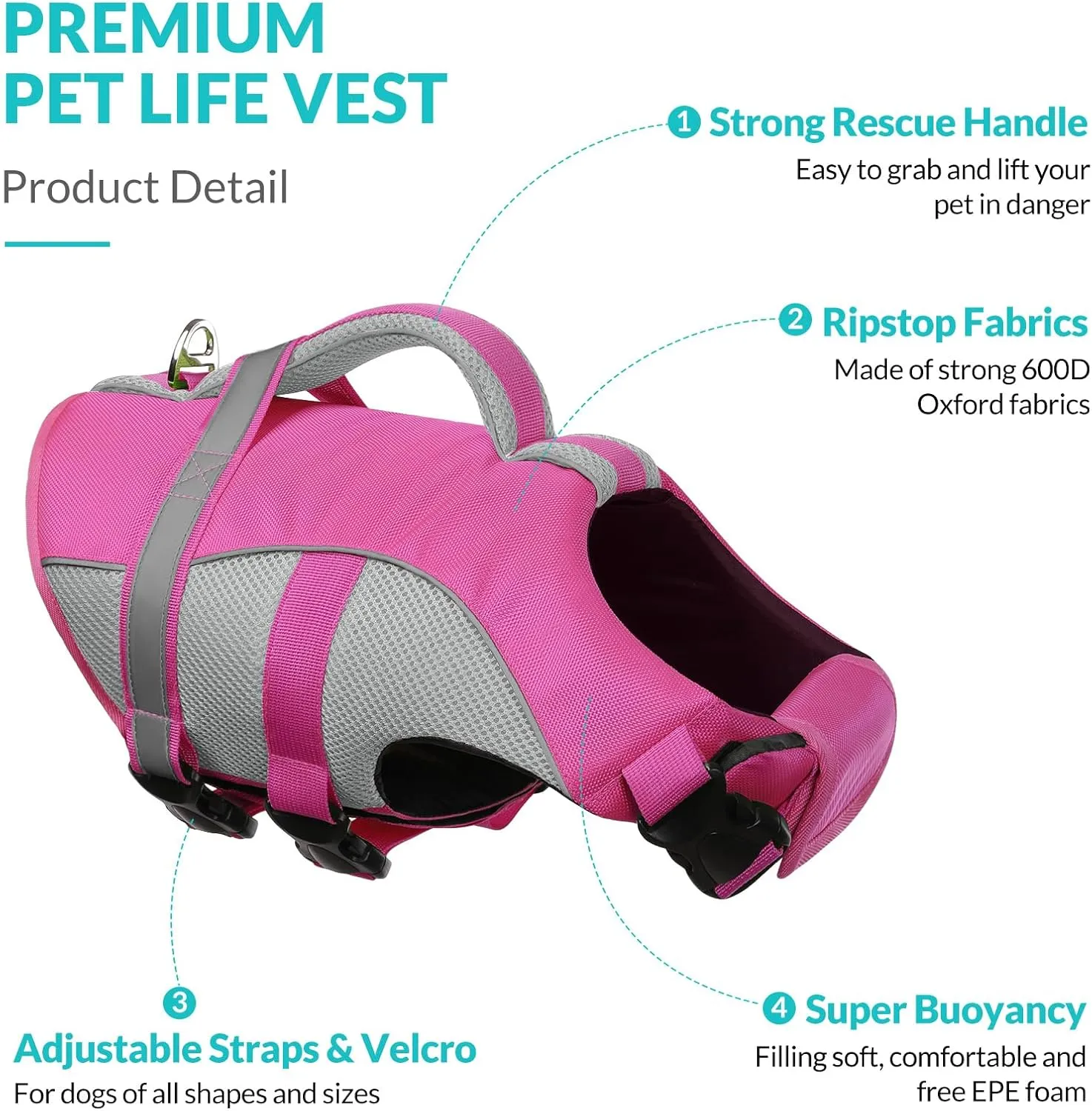 Queenmore Dog Life Vest for Swimming, Adjustable High Visibility Dog Life Jacket with Superior Buoyancy and Rescue Handle, Pink, M