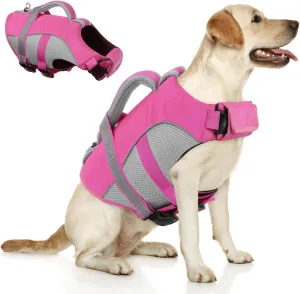 Queenmore Dog Life Vest for Swimming, Adjustable High Visibility Dog Life Jacket with Superior Buoyancy and Rescue Handle, Pink, M