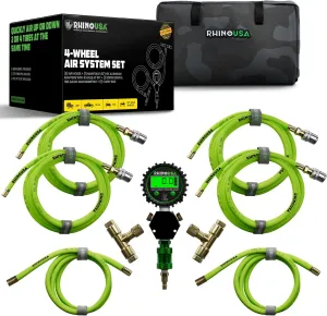Rhino USA 4 Tire Inflation/Deflation System - Fits up to 155" Wheelbase - Ultra Fast 4 Way Tire Inflator Hose Kit for Truck, Car, Trailers & Motorcycles - Improved Design With On/Off Slide Valve