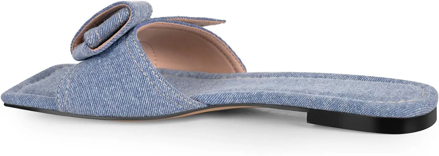 richealnini Slip On Slippers with Bows Open Square Toe Denim Slide Sandals Comfort Outside Leisure Dress Shoes
