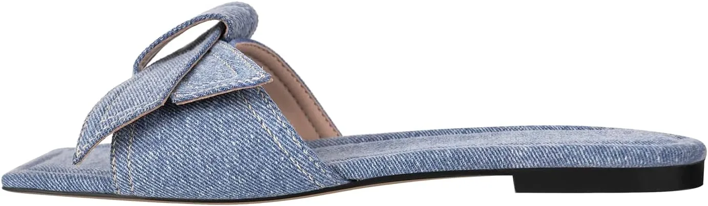 richealnini Slip On Slippers with Bows Open Square Toe Denim Slide Sandals Comfort Outside Leisure Dress Shoes