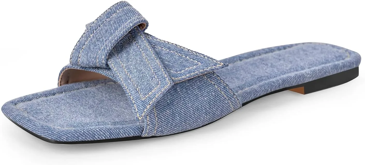 richealnini Slip On Slippers with Bows Open Square Toe Denim Slide Sandals Comfort Outside Leisure Dress Shoes