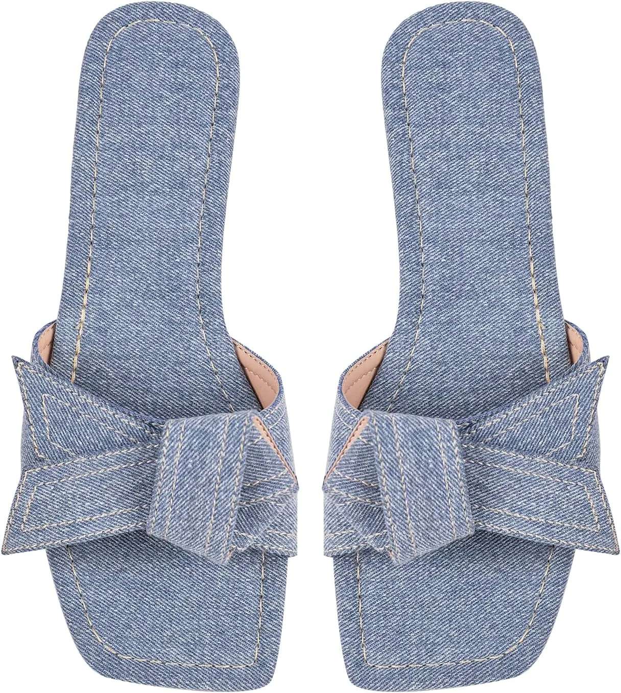 richealnini Slip On Slippers with Bows Open Square Toe Denim Slide Sandals Comfort Outside Leisure Dress Shoes