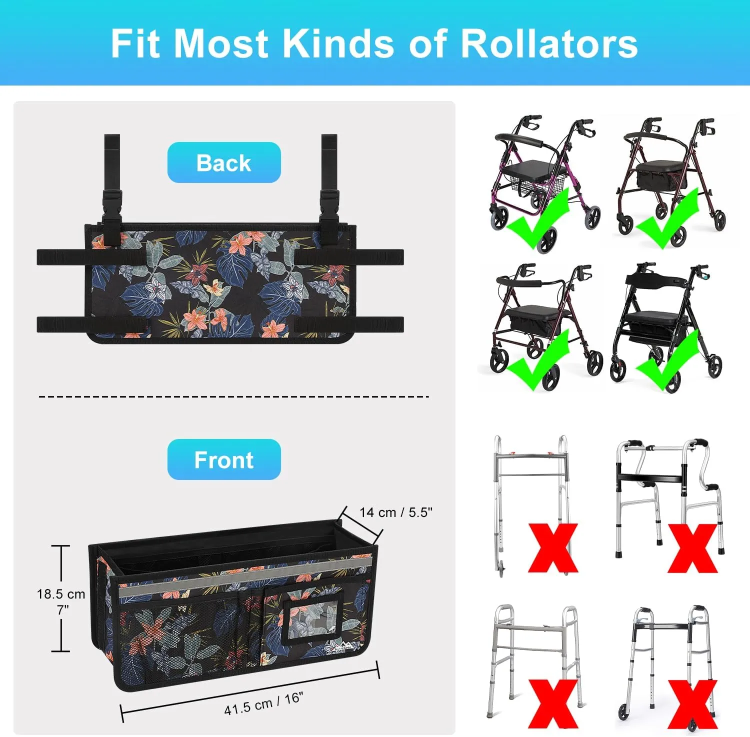 Rollator Basket, supregear Rollator Walker Bag w/Cup Holder, Foldable Rolling Walker Waterproof Storage Pouch with Big Capacity & Never Tipping Over, Easy to Use Rollator Accessories for Seniors