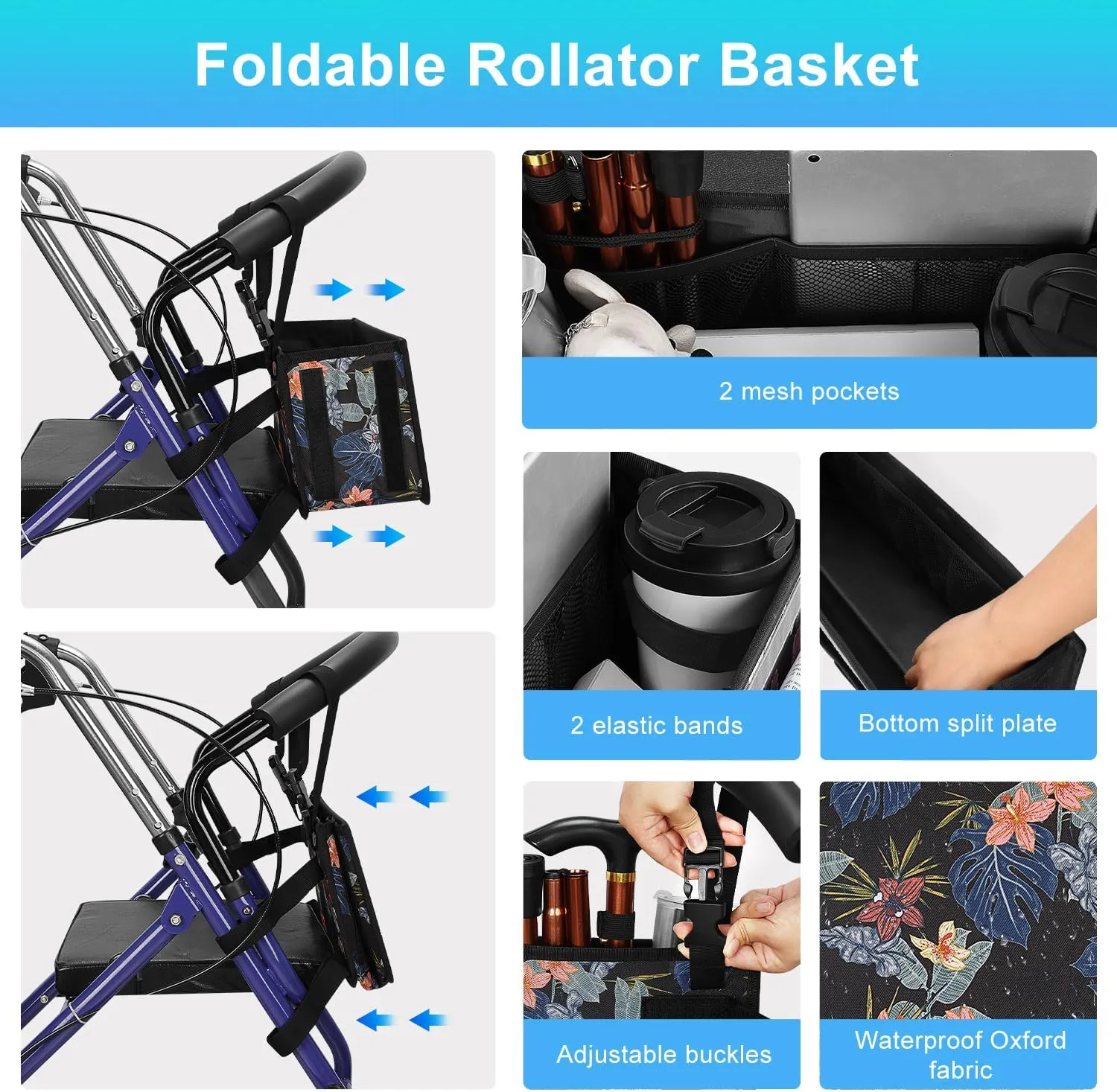 Rollator Basket, supregear Rollator Walker Bag w/Cup Holder, Foldable Rolling Walker Waterproof Storage Pouch with Big Capacity & Never Tipping Over, Easy to Use Rollator Accessories for Seniors