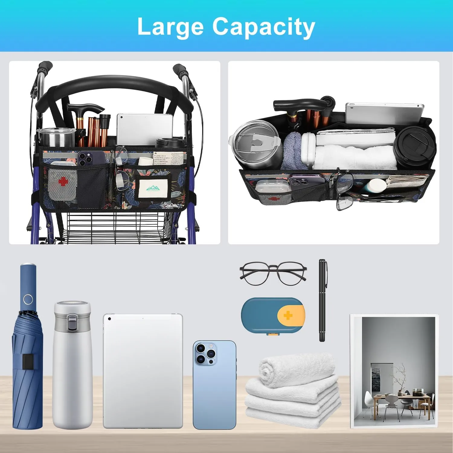 Rollator Basket, supregear Rollator Walker Bag w/Cup Holder, Foldable Rolling Walker Waterproof Storage Pouch with Big Capacity & Never Tipping Over, Easy to Use Rollator Accessories for Seniors