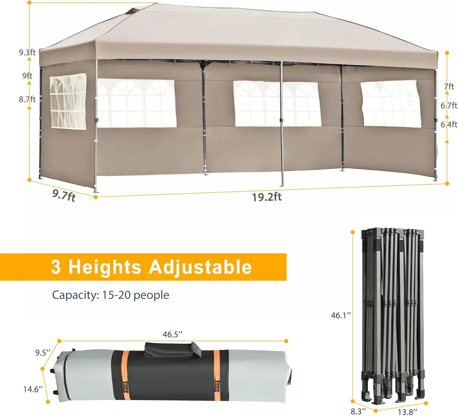 Roomfitters 10x20 Pop Up Canopy Tent with Sidewalls and Wheeled Bag, Heavy Duty Outdoor Party Shelter for Backyard or Wedding, Khaki