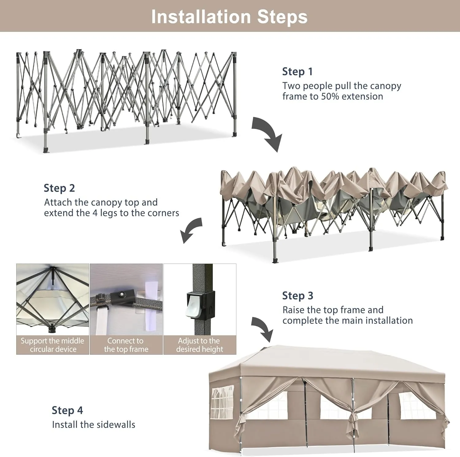 Roomfitters 10x20 Pop Up Canopy Tent with Sidewalls and Wheeled Bag, Heavy Duty Outdoor Party Shelter for Backyard or Wedding, Khaki