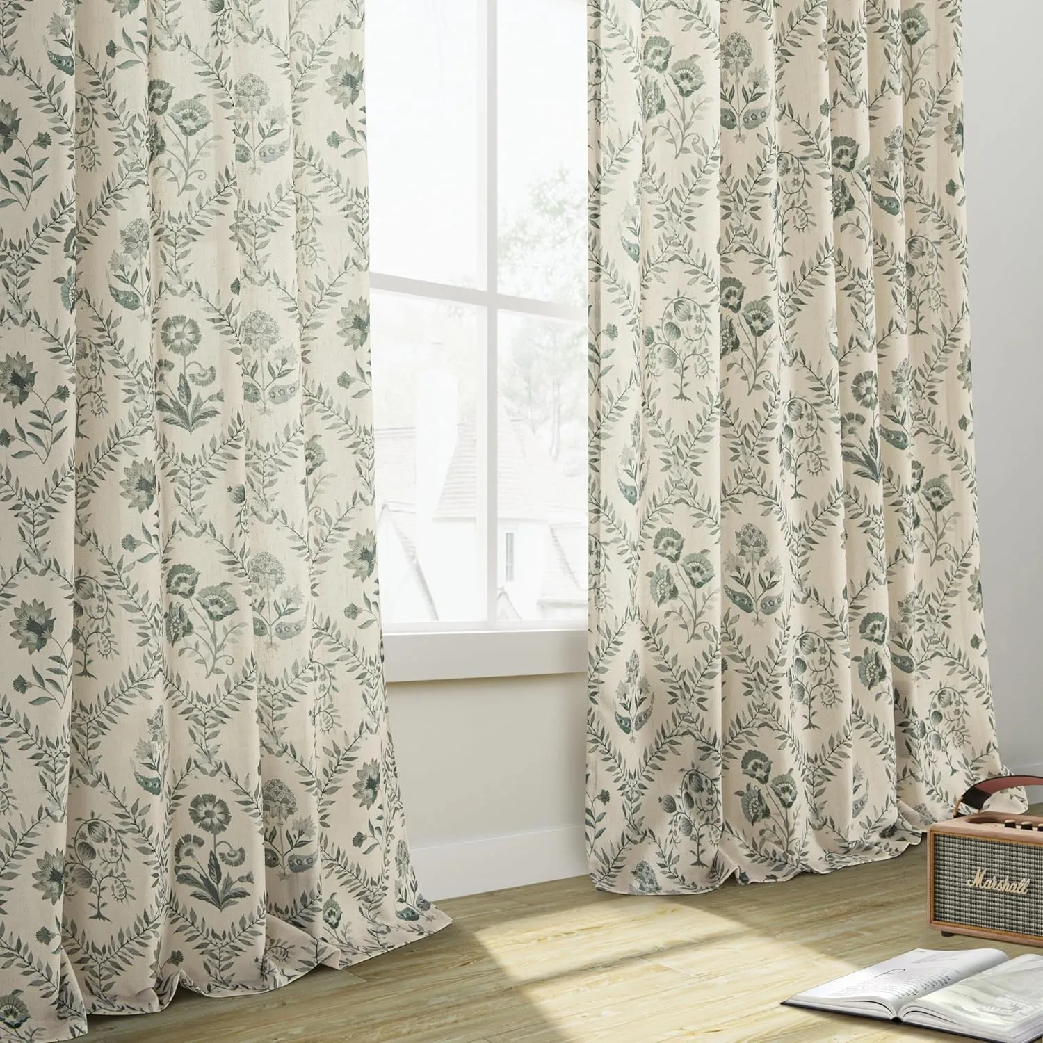 Sage Green Floral Curtains 84 Inches Long for Living Room Dining Botanical Flower Patterned Sage Green on Beige Linen Curtains Vintage Country Spring Farmhouse Boho Bedroom Drapes 84 Inch Length