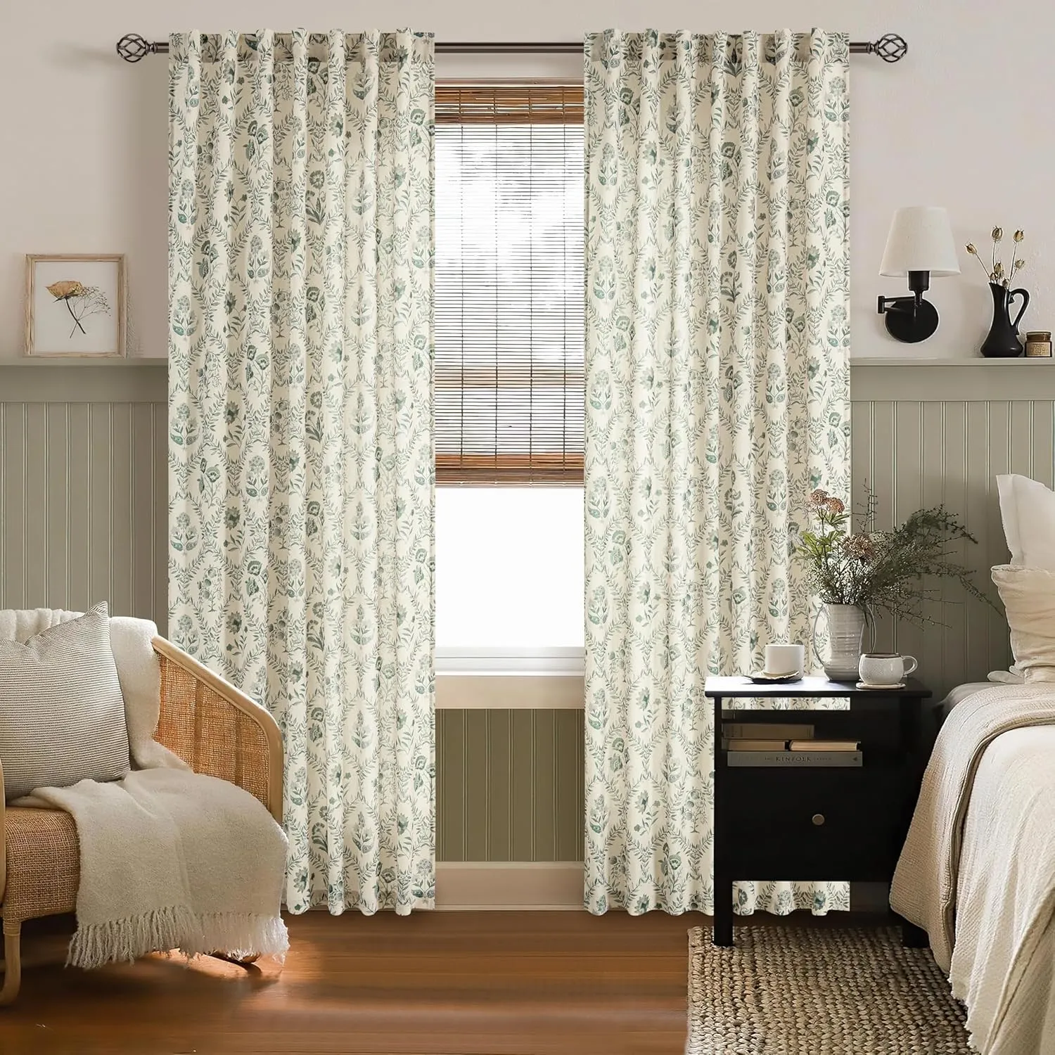 Sage Green Floral Curtains 84 Inches Long for Living Room Dining Botanical Flower Patterned Sage Green on Beige Linen Curtains Vintage Country Spring Farmhouse Boho Bedroom Drapes 84 Inch Length
