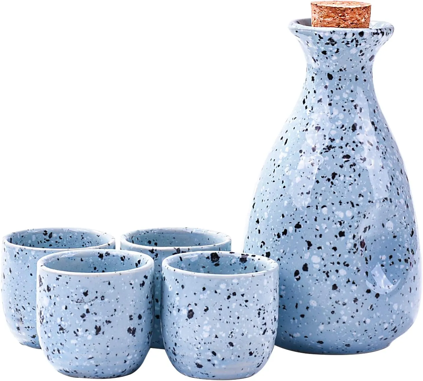 Sake Set Featuring 1 Sake Bottle 1 Bottle Stopper and 4 Sake Cups, Blue