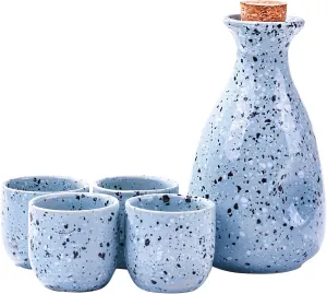 Sake Set Featuring 1 Sake Bottle 1 Bottle Stopper and 4 Sake Cups, Blue