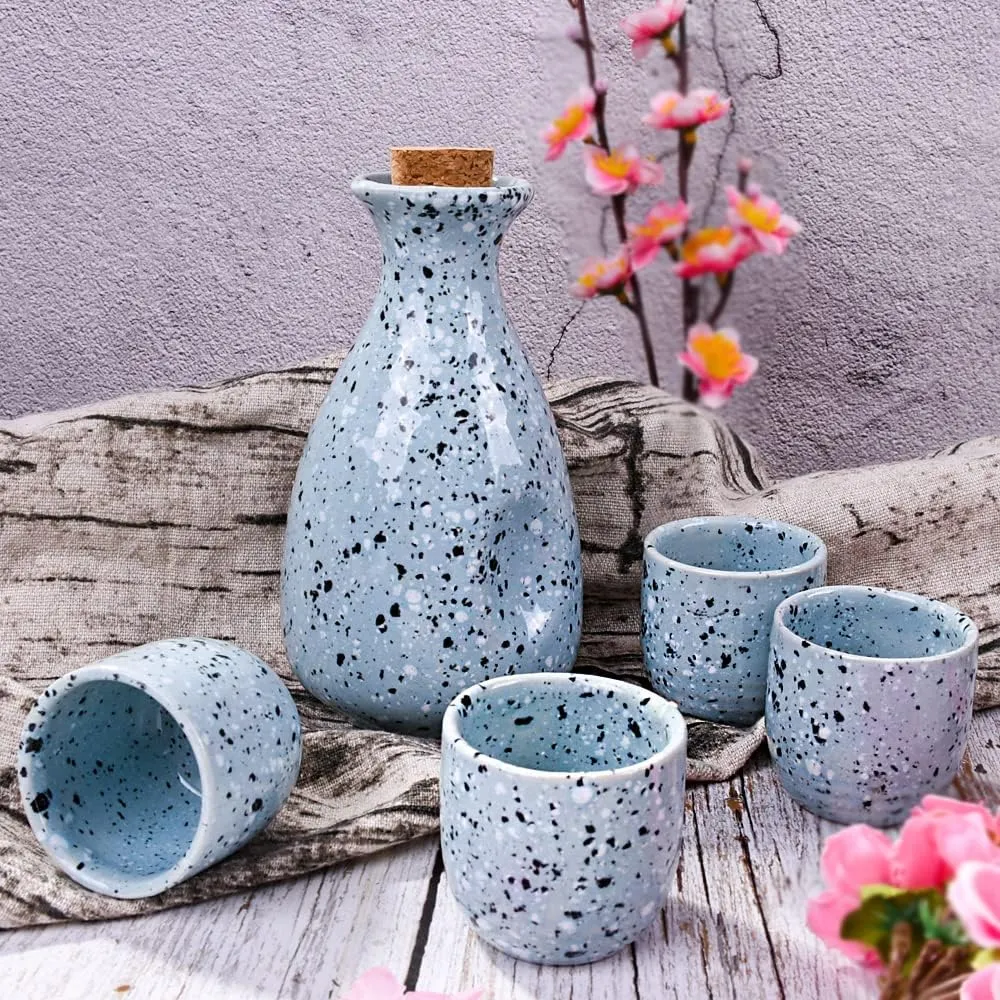 Sake Set Featuring 1 Sake Bottle 1 Bottle Stopper and 4 Sake Cups, Blue