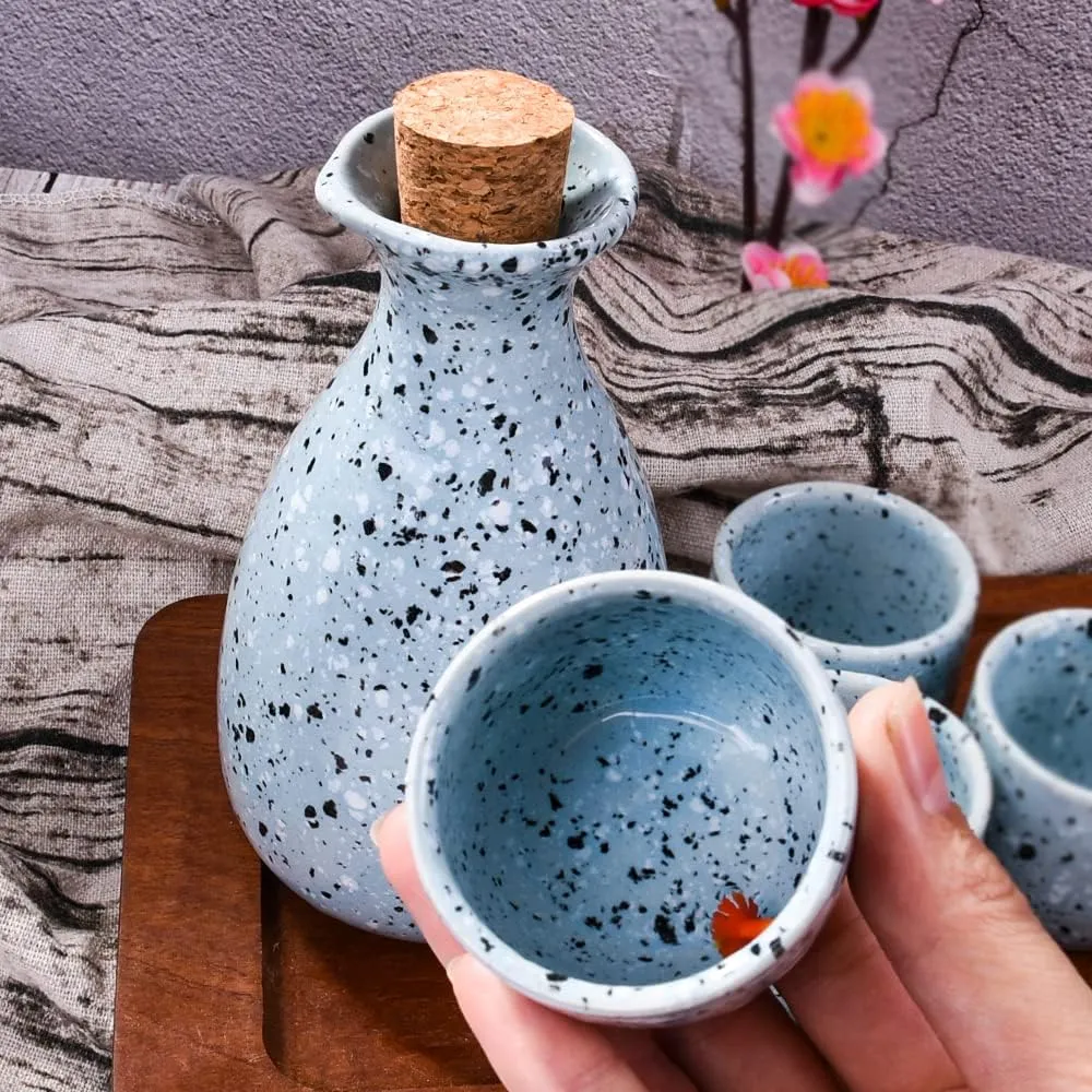 Sake Set Featuring 1 Sake Bottle 1 Bottle Stopper and 4 Sake Cups, Blue