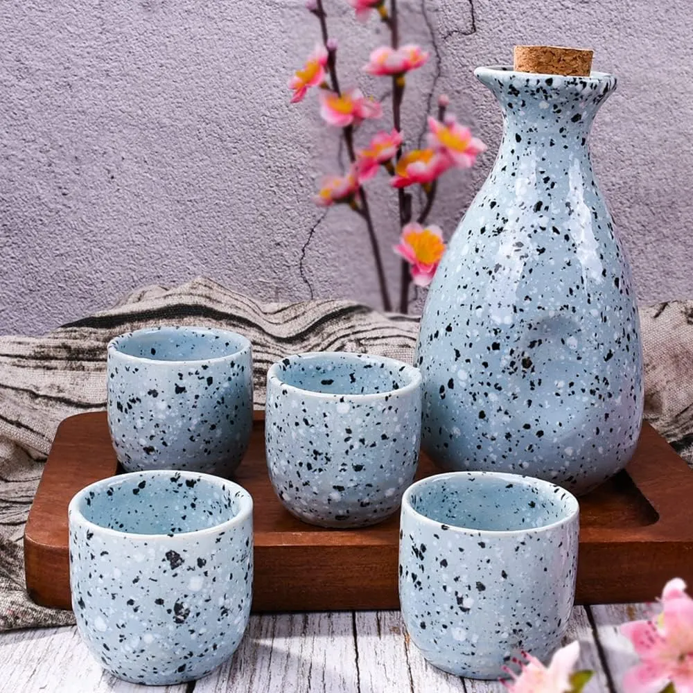 Sake Set Featuring 1 Sake Bottle 1 Bottle Stopper and 4 Sake Cups, Blue