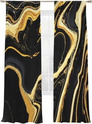 Semi Sheer Curtains 2 Panels 108 Long, Gold Striped Marble Texture Light Filtering Rod Pocket Voile Drapes Privacy Window Treatment for Living Room Bedroom Decor