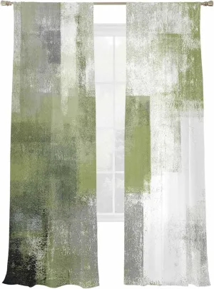 Semi Sheer Curtains 2 Panels 108 Long, Sage Green White Graffiti Texture Light Filtering Rod Pocket Voile Drapes Privacy Window Treatment for Living Room Bedroom Decor