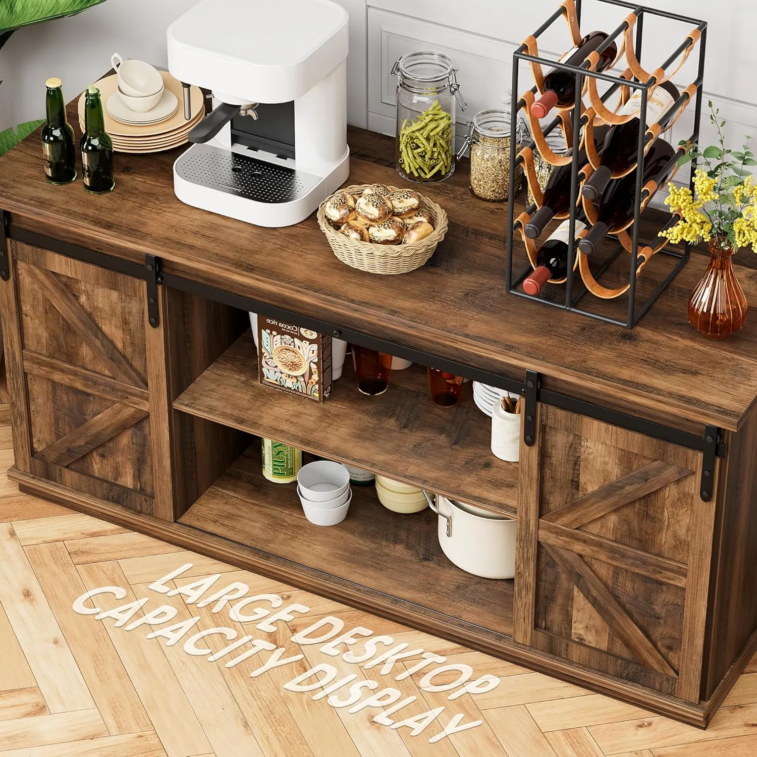 Shahoo Farmhouse Sideboard Buffet Cabinet, Coffee Bar Storage with Sliding Barn Doors, Shelf for Home Dining Room, Barnwood
