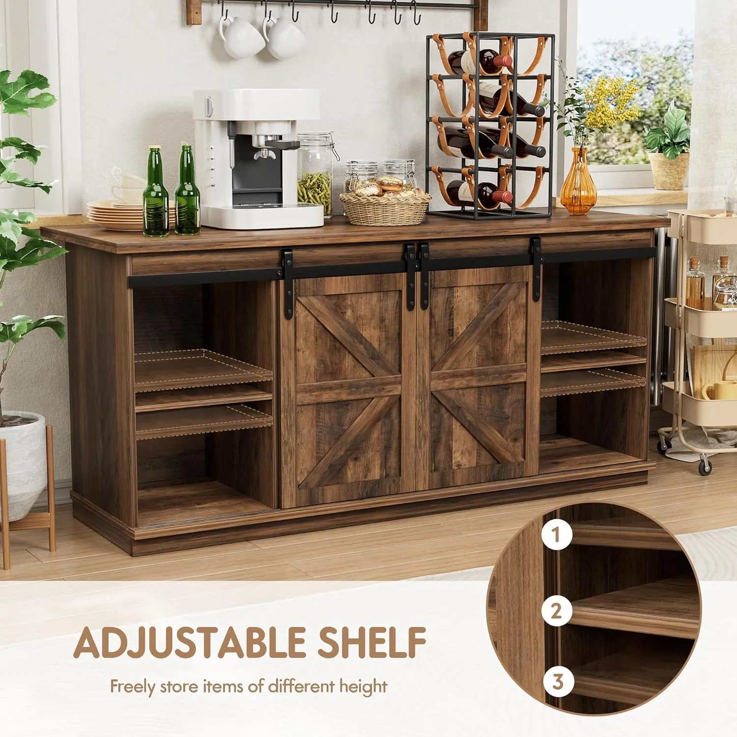 Shahoo Farmhouse Sideboard Buffet Cabinet, Coffee Bar Storage with Sliding Barn Doors, Shelf for Home Dining Room, Barnwood