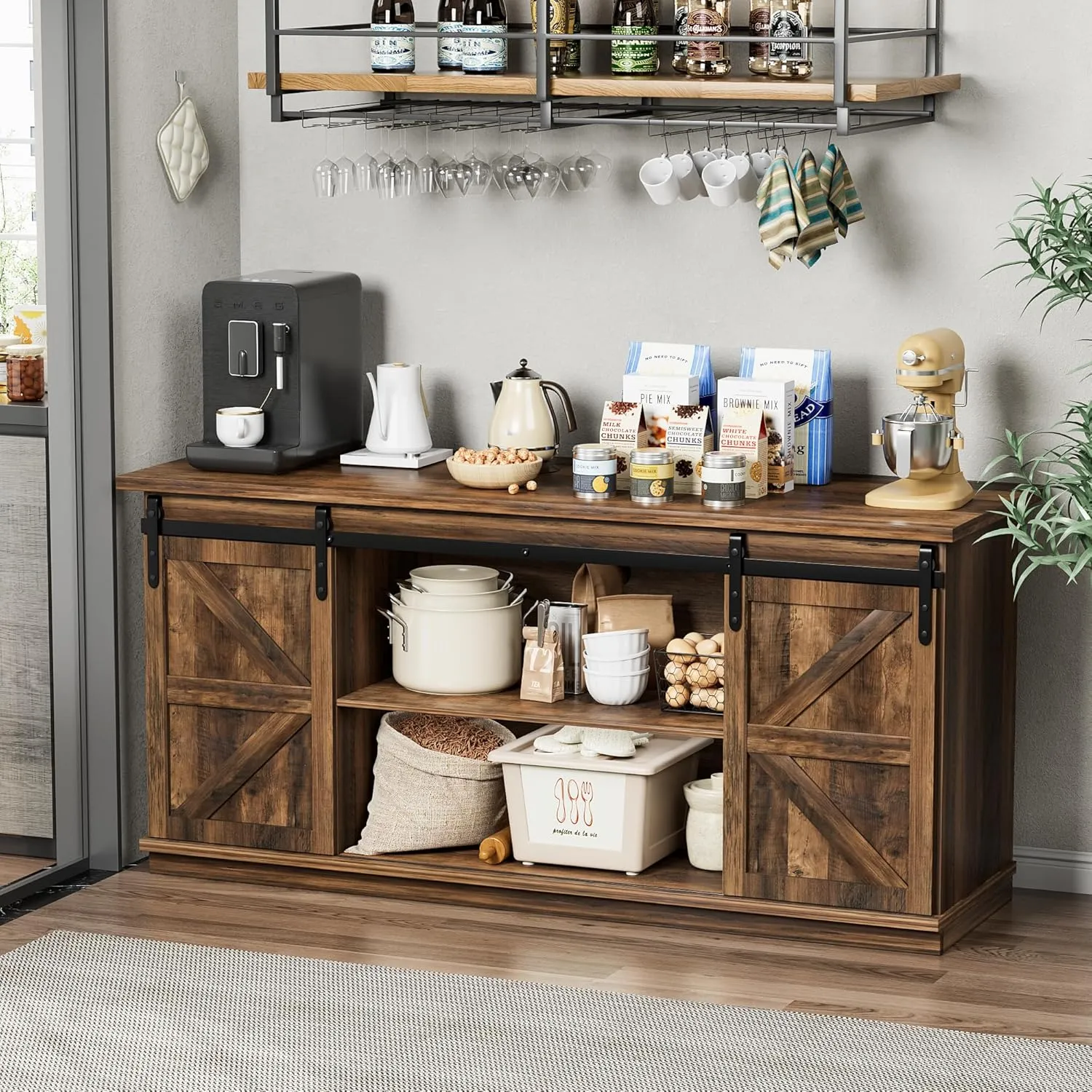 Shahoo Farmhouse Sideboard Buffet Cabinet, Coffee Bar Storage with Sliding Barn Doors, Shelf for Home Dining Room, Barnwood
