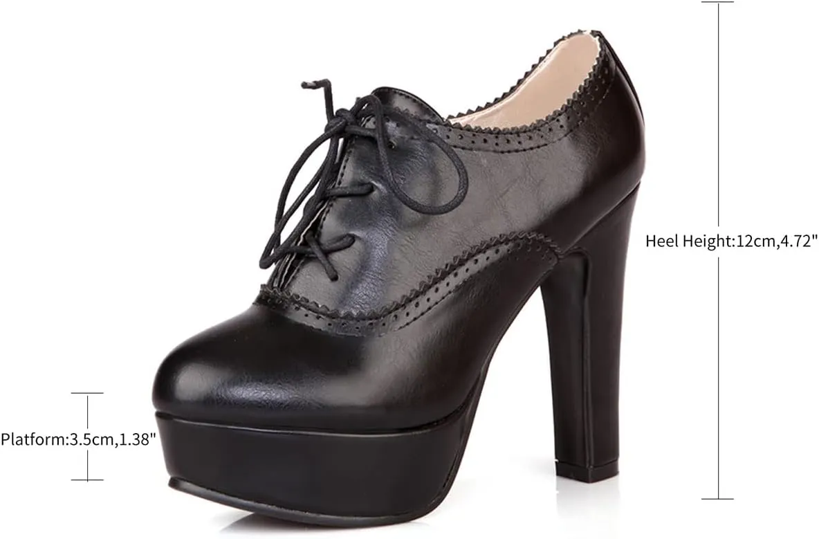 SHEMEE Womens Block Heel Platform Lace Up Pumps Oxford High Heels Ankle Booties Brogue Wingtip Vintage Dress Shoes