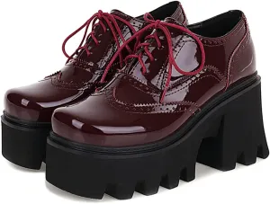 SHEMEE Women's Chunky Platform Patent Leather Oxfords Pumps Vintage Wingtip Lace Up Block High Heel Square Toe Gothic Brogue Shoes