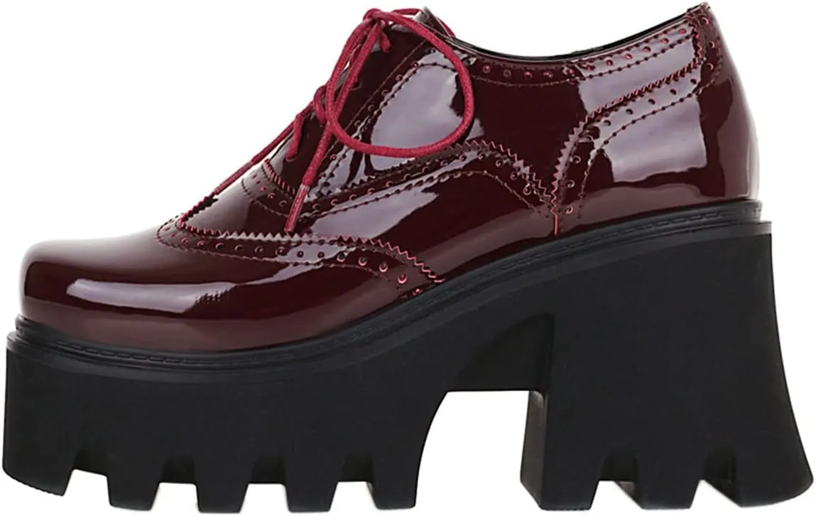 SHEMEE Women's Chunky Platform Patent Leather Oxfords Pumps Vintage Wingtip Lace Up Block High Heel Square Toe Gothic Brogue Shoes