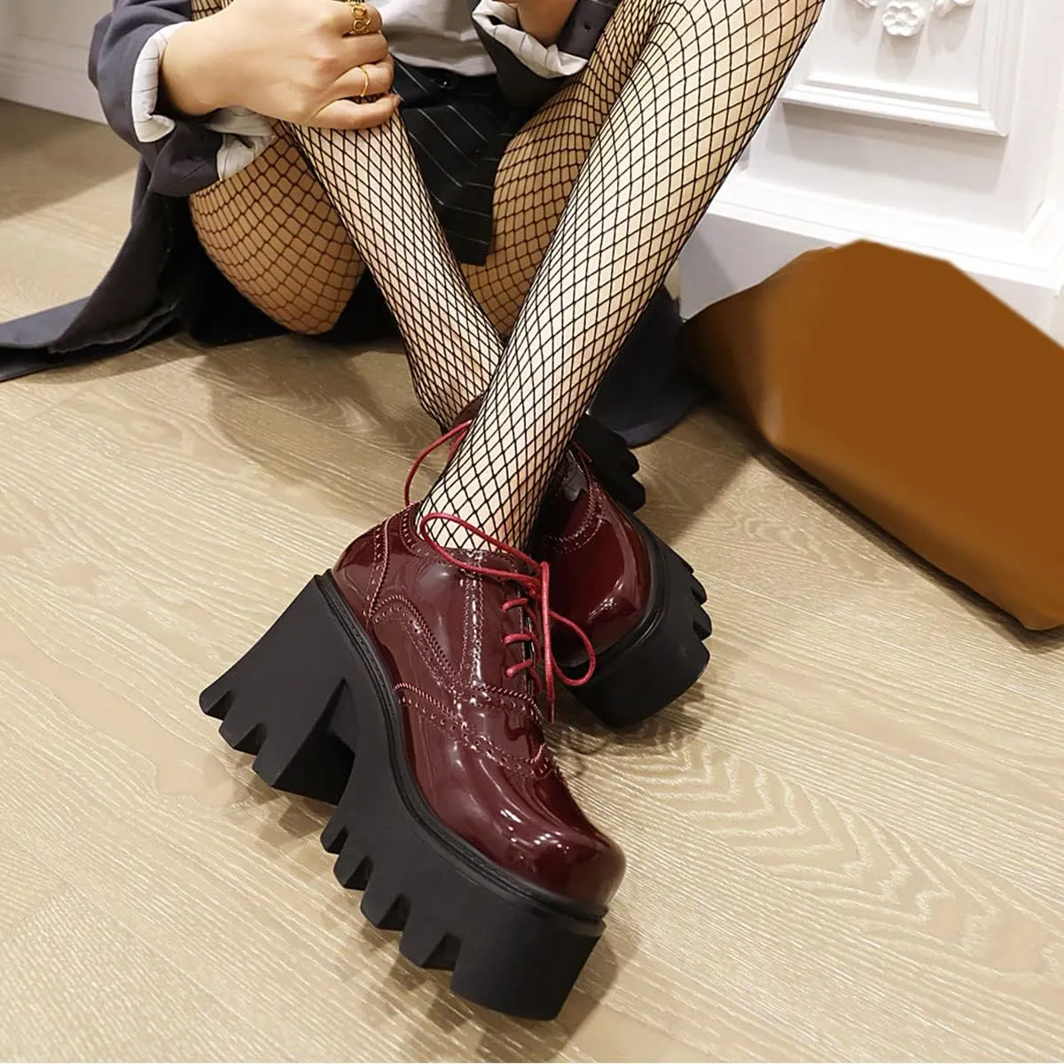SHEMEE Women's Chunky Platform Patent Leather Oxfords Pumps Vintage Wingtip Lace Up Block High Heel Square Toe Gothic Brogue Shoes