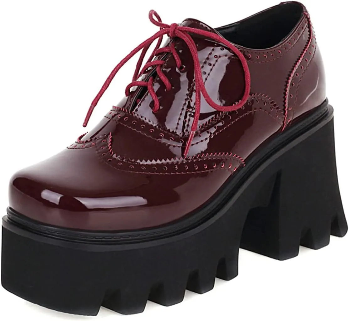 SHEMEE Women's Chunky Platform Patent Leather Oxfords Pumps Vintage Wingtip Lace Up Block High Heel Square Toe Gothic Brogue Shoes