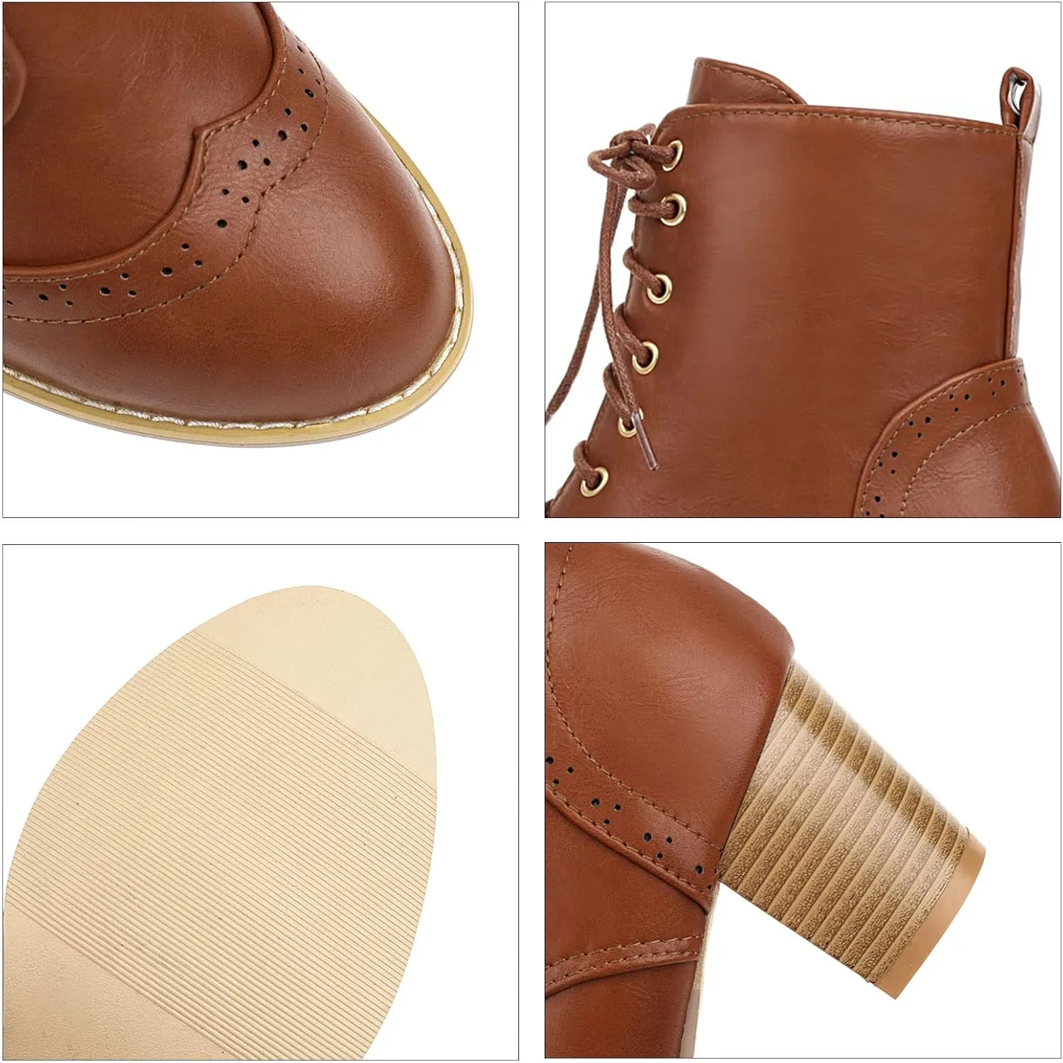 SHEMEE Women's Wingtip Block Heels Ankle Boots Lace-Up Stacked Chunky Heel Booties Round Toe Short Boots