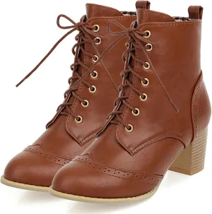 SHEMEE Women's Wingtip Block Heels Ankle Boots Lace-Up Stacked Chunky Heel Booties Round Toe Short Boots
