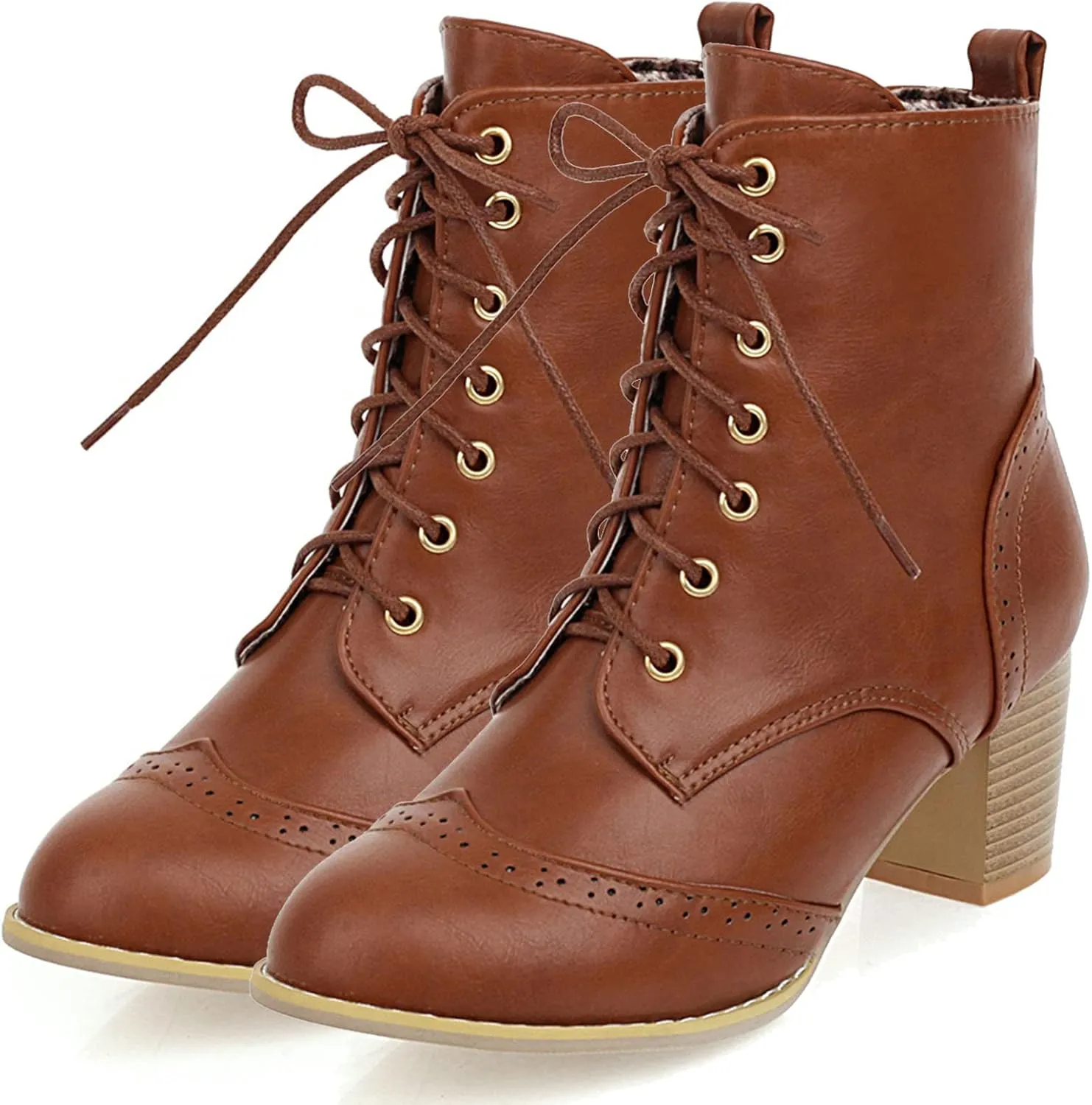 SHEMEE Women's Wingtip Block Heels Ankle Boots Lace-Up Stacked Chunky Heel Booties Round Toe Short Boots