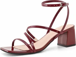 Shoe'N Tale Strappy Heels for Women Low Chunky Block Heel Dress Shoes Square Open Toe Ankle Strap Heeled Sandals