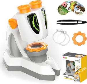 SMILESSKIDDO Microscope for Kids - 8X Binocular Microscope with Detachable Telescope, 12 Slides & LED Light, Educational Science Kits, Interactive Learning, Stem Toys, Birthday Gifts for Boys & Girls