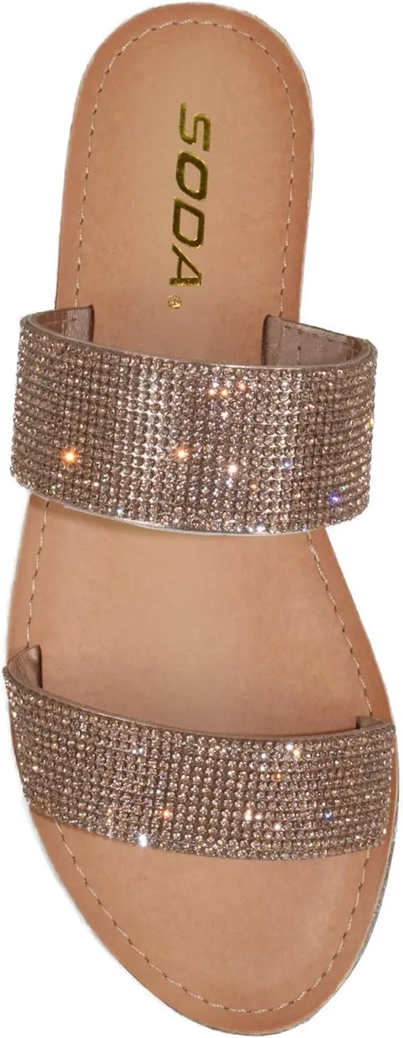 Soda Shoes Women Flip Flops Slippers Sandals Double Strap Slide Casual Bling Rhinestone Crystals AMONG-S