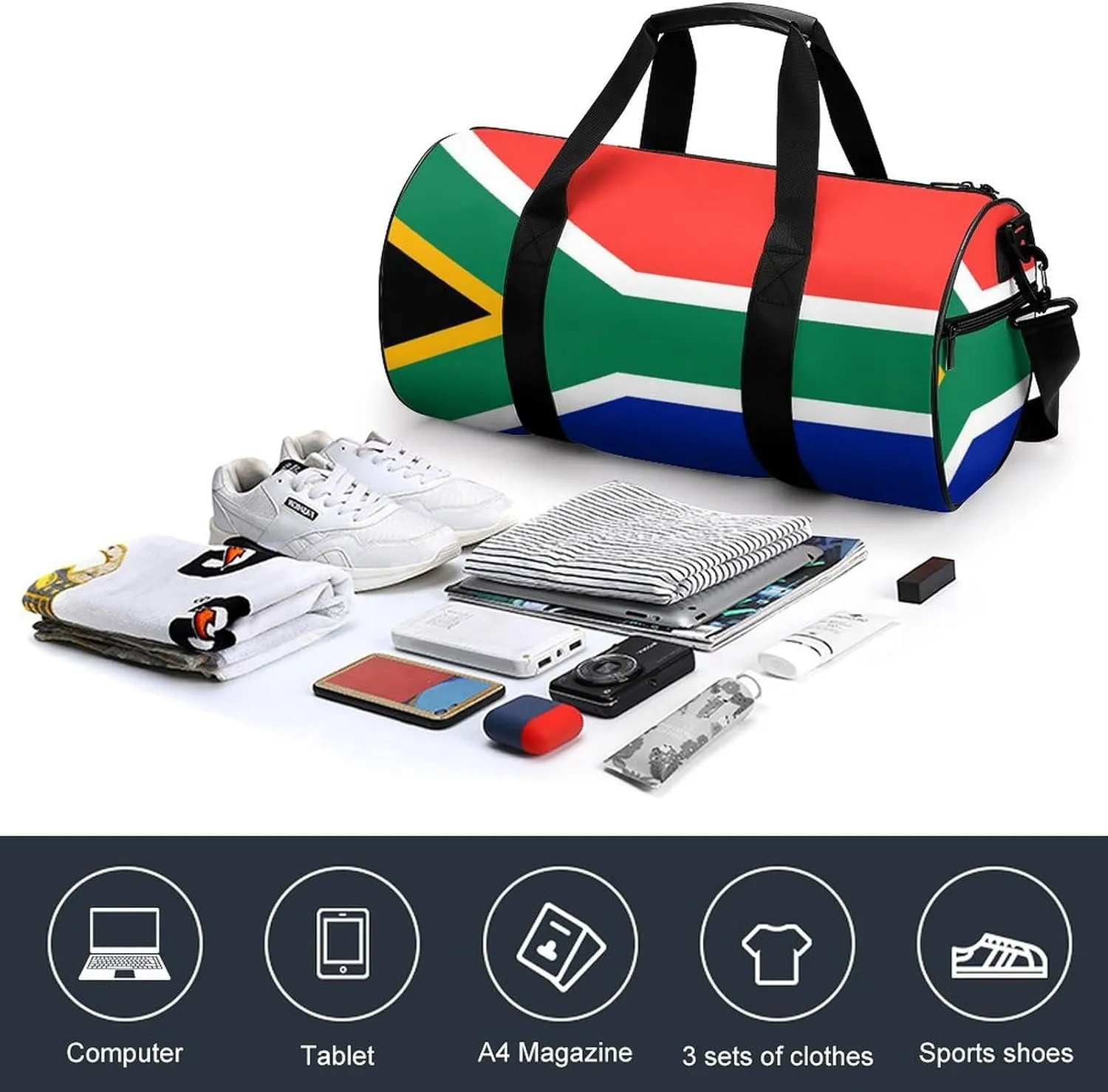 South African Flag Waterproof Sports Duffel Bag with Dry Wet Separation for Gym Beach Travel
