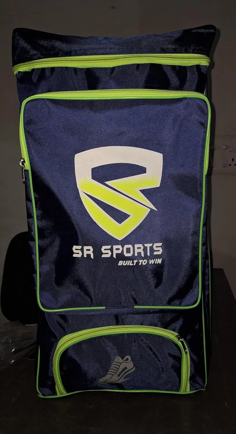 SR Sports Cricket Kit bolt edition Duffle Bag, Navy Blue with Neon Green Trim, Multiple Compartments one size